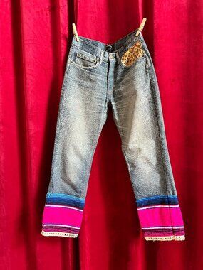 Le Superbe Women's Saltillo Boyfriend Jeans Serape Fabric Mirror Trim Sz 26